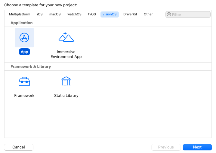 Xcode template chooser with the visionOS App template selected