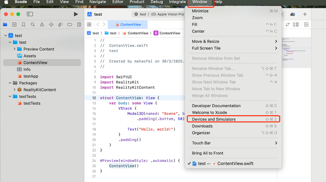 Xcode Devices and Simulators window showing the Vision Pro pairing dialog
