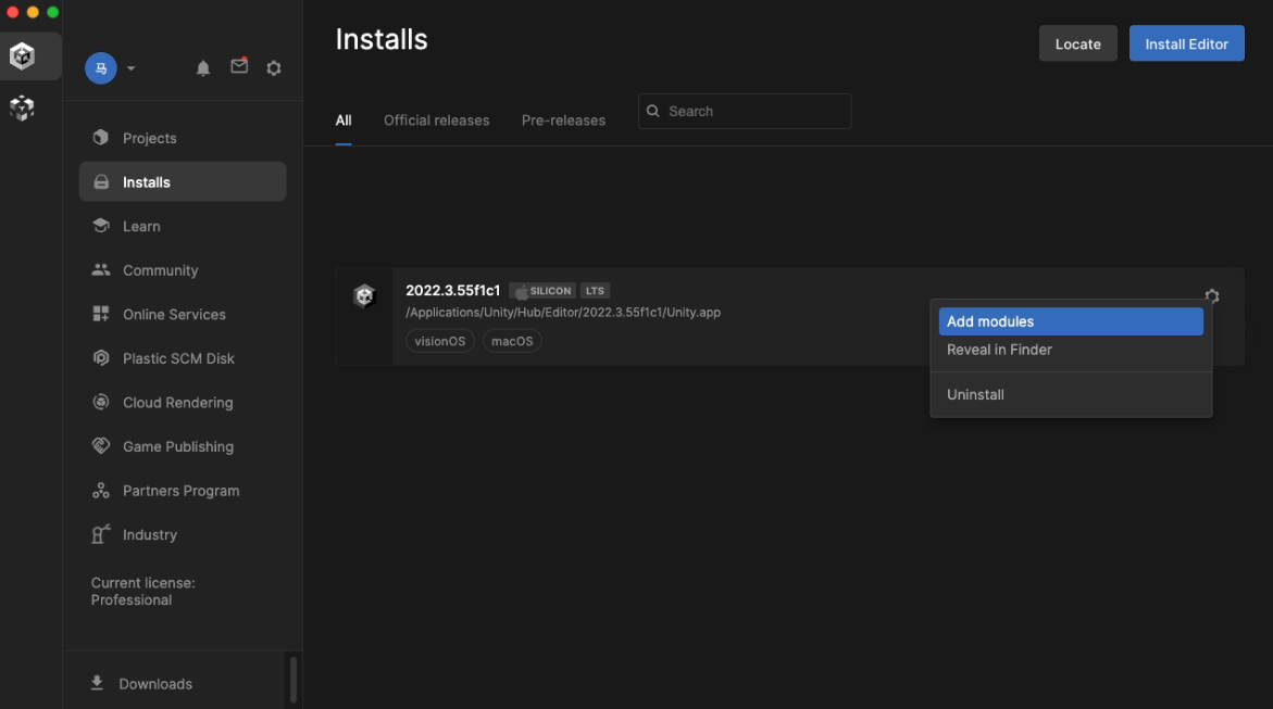 Unity Hub Add Modules dialog including visionOS Build Support