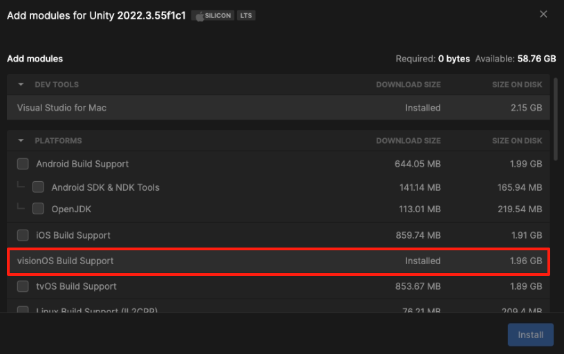 Unity Hub module list with visionOS Build Support enabled