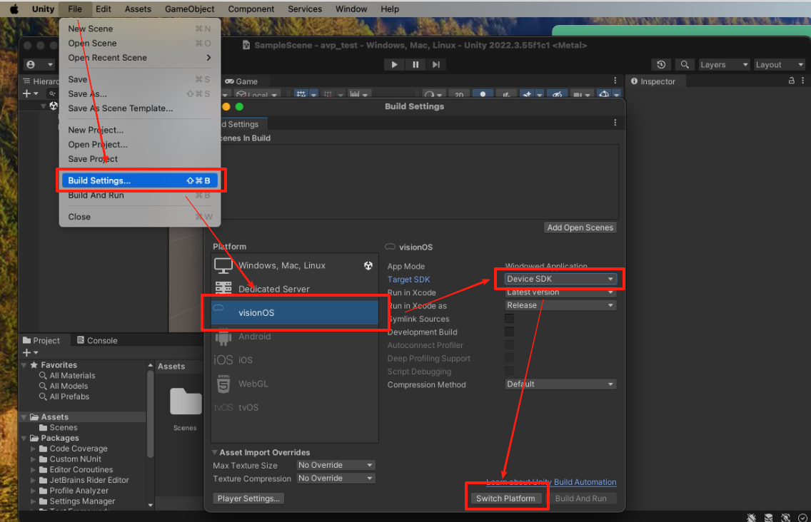 Unity Build Settings with the visionOS platform and device selected