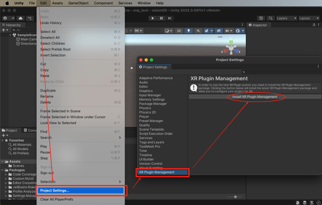 XR Plug-in Management install panel in Project Settings