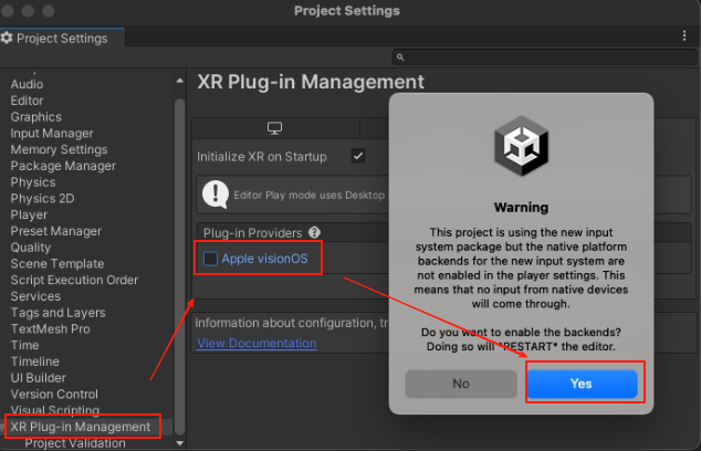 XR Plug-in Management with Apple visionOS enabled