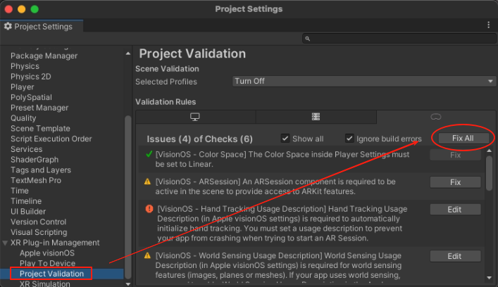 Project Validation showing Fix All under the Vision Pro icon