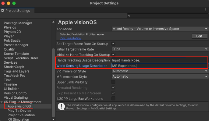 Hands Tracking Usage Description and World Sensing Usage Description fields