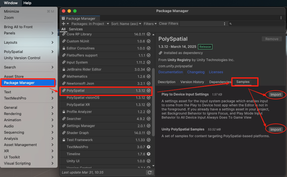 Package Manager with the PolySpatial package Samples section