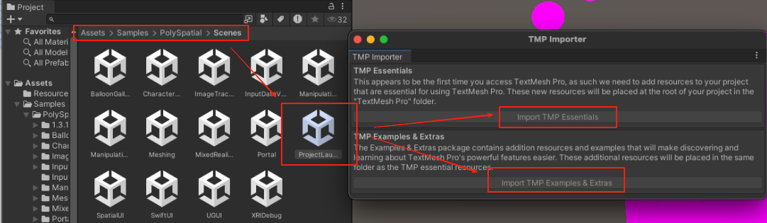 ProjectLauncher sample scene prompting a TMP import