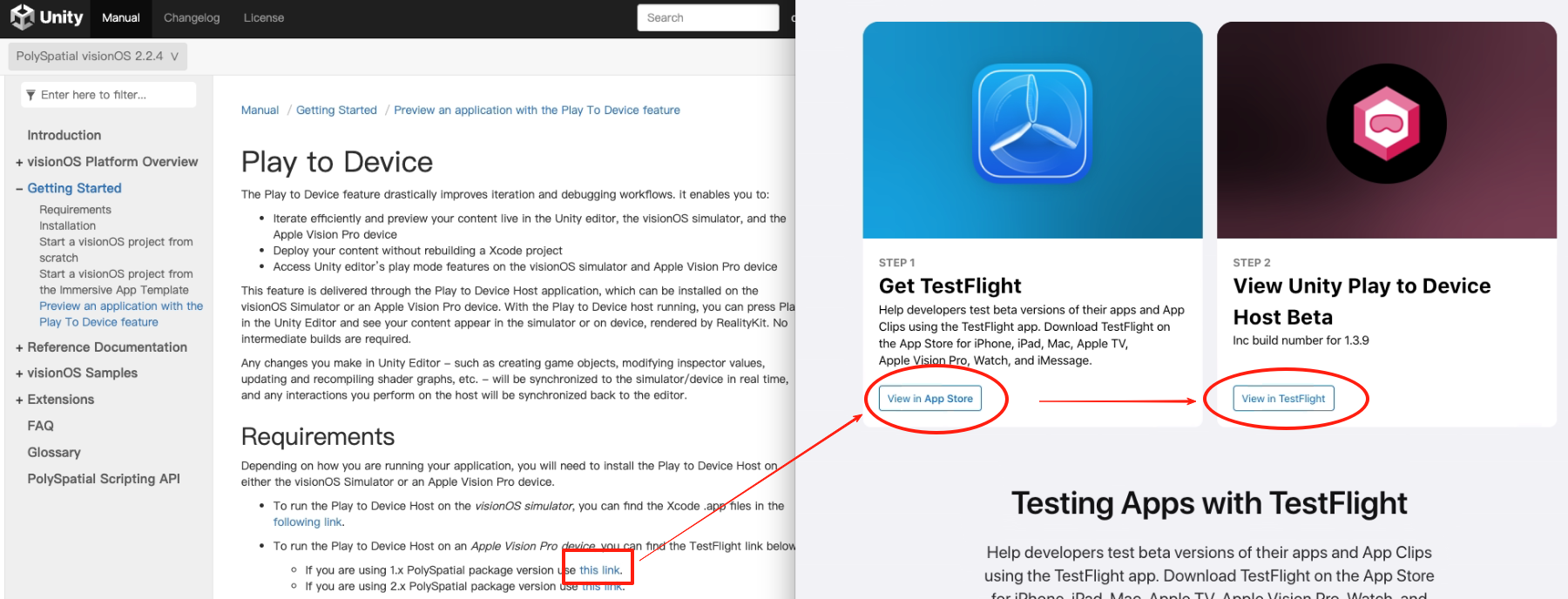 Unity Play to Device documentation with the TestFlight install link