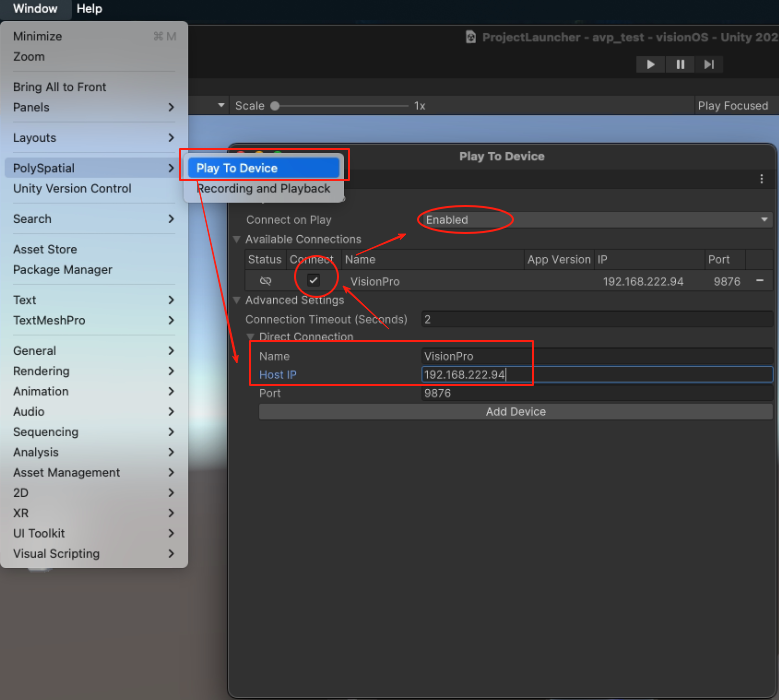 Play to Device window with a connected Vision Pro