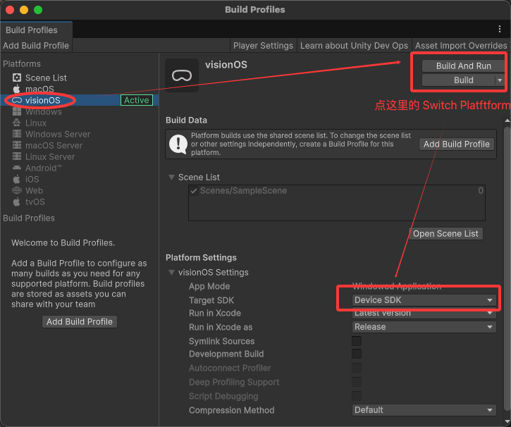 Unity 6 Build Profiles with visionOS and the Device SDK
