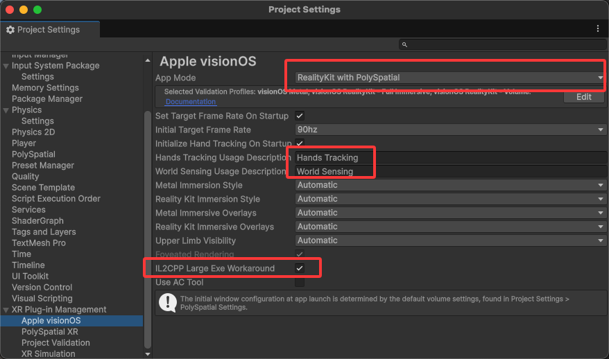Apple visionOS player settings including usage descriptions